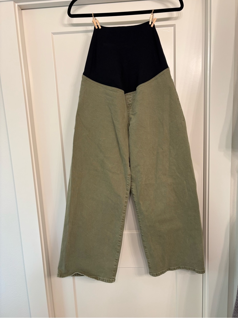 Wide Leg Maternity Jeans with Black Stretch Waistband - Olive Green